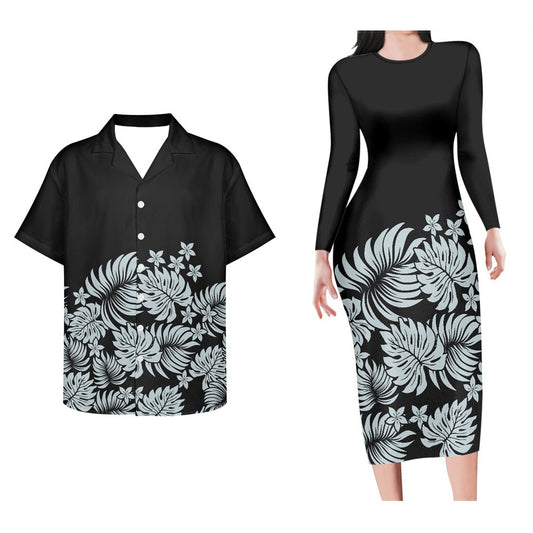 Black Polynesian Tribal Palm Leaf Pattern Couple Set For Her Him Bodycon Dress And Hawaii Shirt Island Matching Outfit For Couple