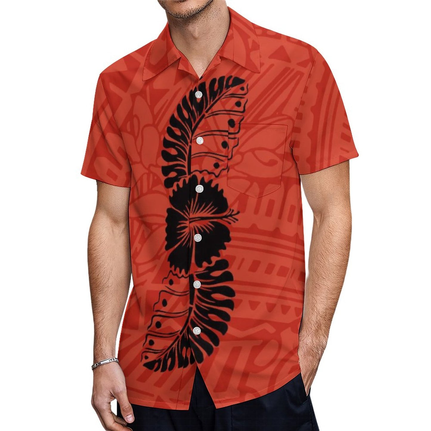 Samoa Polynesian Tribal Black Hibiscus Flowers Pattern Printed Hawaiian Shirt Summer Red Short Sleeve Shirt For Him