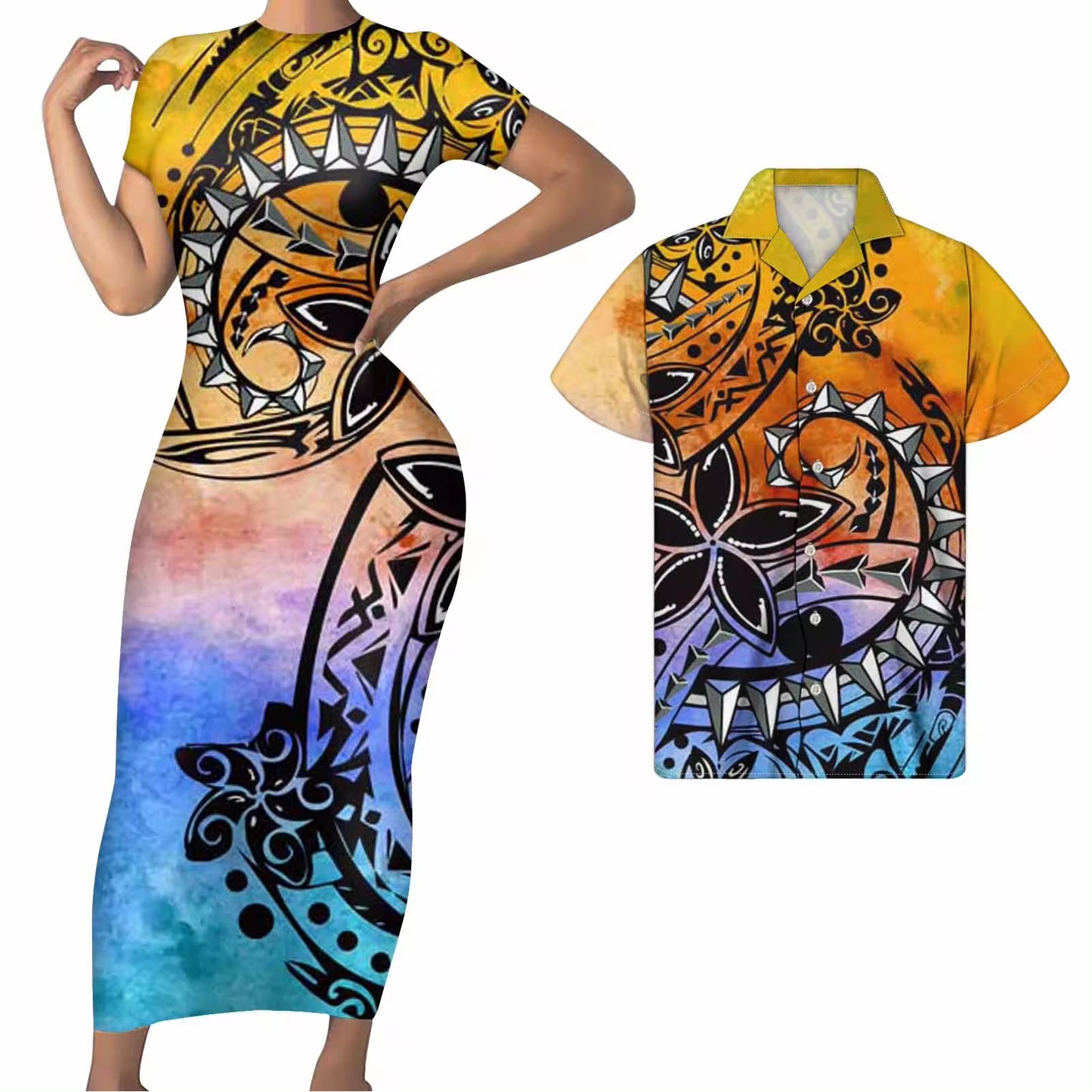Polynesian Matching Clothes For Couples Polynesian Tribal Curve Flowers Pattern Retro Yellow Bodycon Dress And Hawaii Shirt