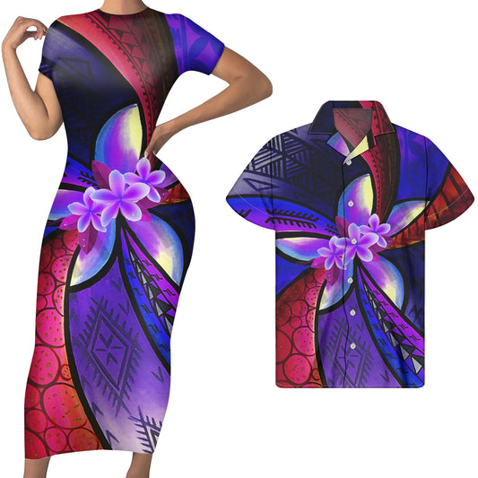 Colorful Polynesian Tribal Plumeria Flower Print Short Sleeve Bodycon Dress Women Match Men Shirts Custom Purple Couple Clothing Set