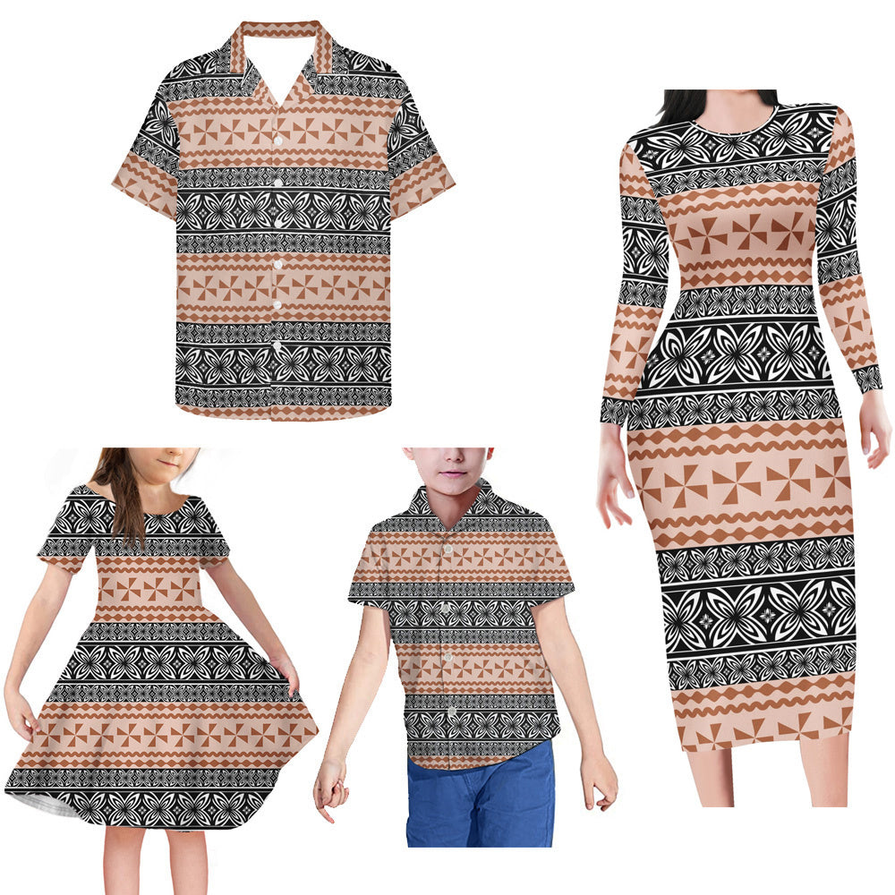 Polynesian Tribal Pattern Matching Family Outfits Island Bodycon Long Sleeve Dress And Shirt For Couple Kids