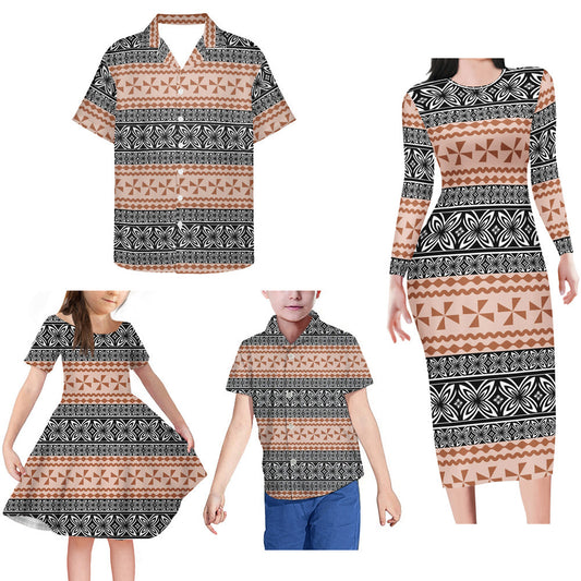 Polynesian Tribal Pattern Matching Family Outfits Island Bodycon Long Sleeve Dress And Shirt For Couple Kids