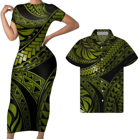 Polynesian Tribal Island Pattern Vintage Green Short Sleeve Bodycon Dress And Men Shirts