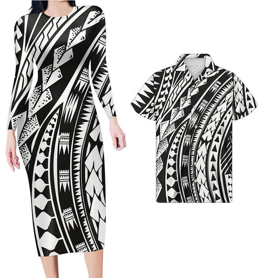 Hawaiian Attire For Couples Polynesian Tribal White Black Bodycon Dress And Summer Hawaii Shirt