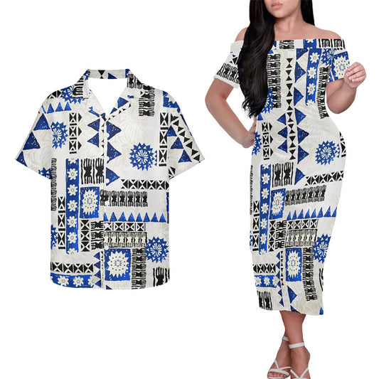 Polynesian Tribal Clothing Couple Outfits Pacific Island Patterns White Hung Short Sleeved Dress And Hawaiian Shirt