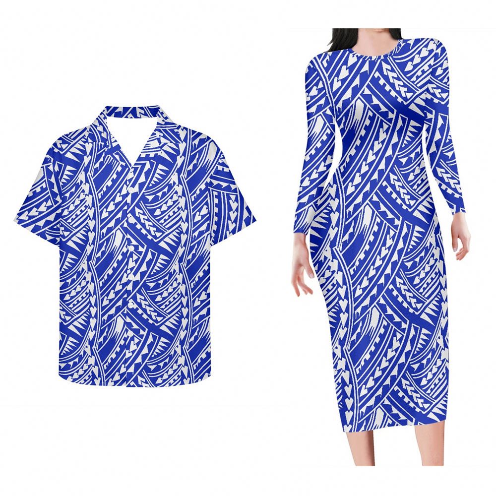 Polynesian Tribal Pattern Blue Couple Set Bodycon Dress And Hawaii Shirt Island Matching Outfit For Couple