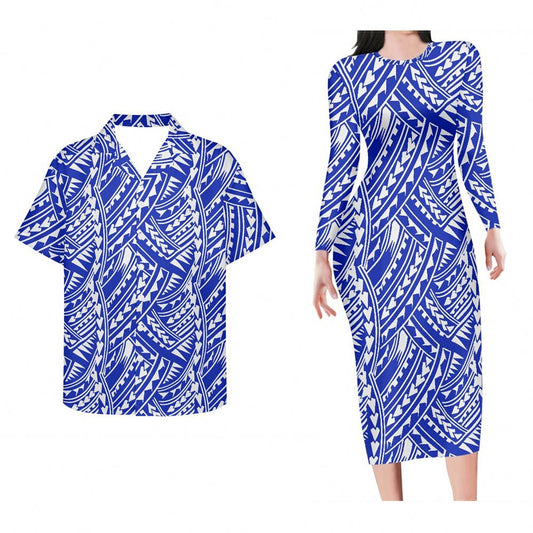 Polynesian Tribal Pattern Blue Couple Set Bodycon Dress And Hawaii Shirt Island Matching Outfit For Couple