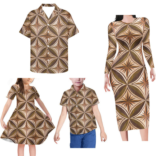 Vintage Geometric Polynesian Tribal Pattern Matching Family Outfits Bodycon Long Sleeve Dress For Her And Shirt For Him Girl Dress Kids