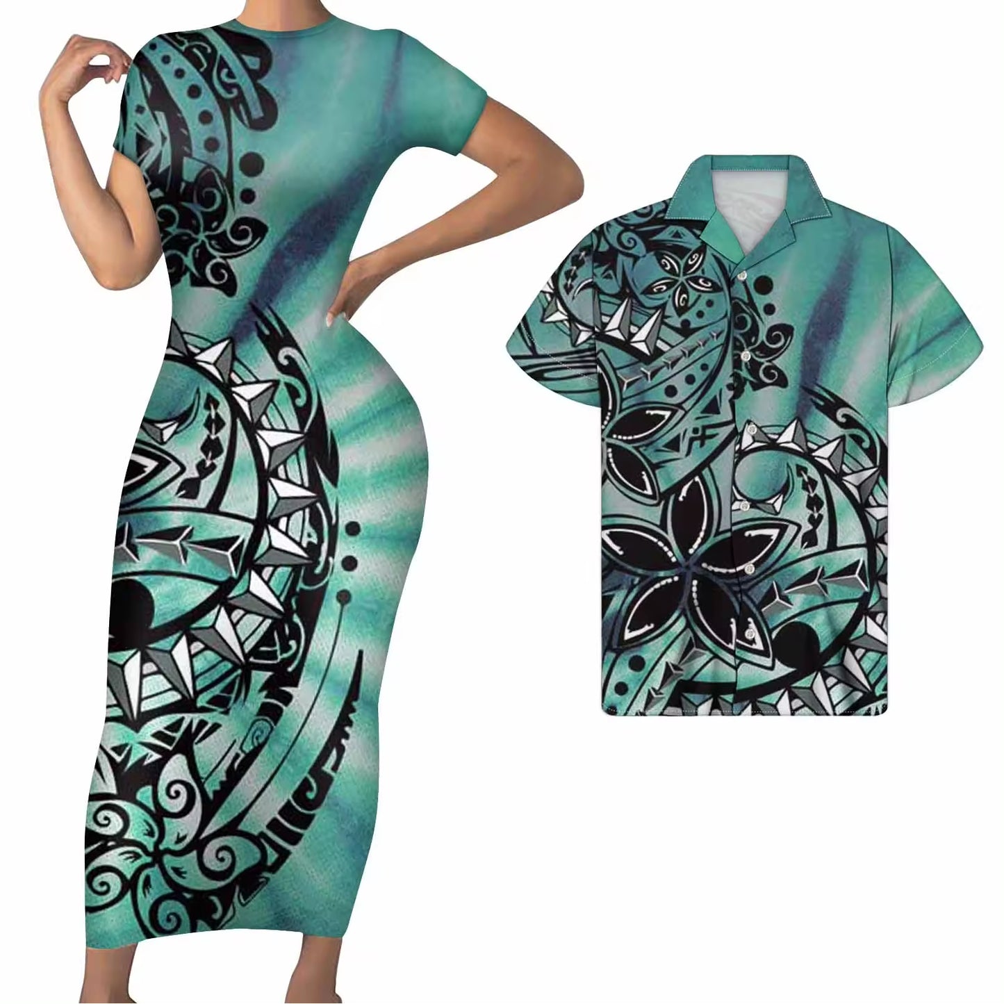 Polynesian Matching Clothes For Couples Polynesian Tribal Curve Flowers Pattern Bodycon Dress And Hawaii Shirt