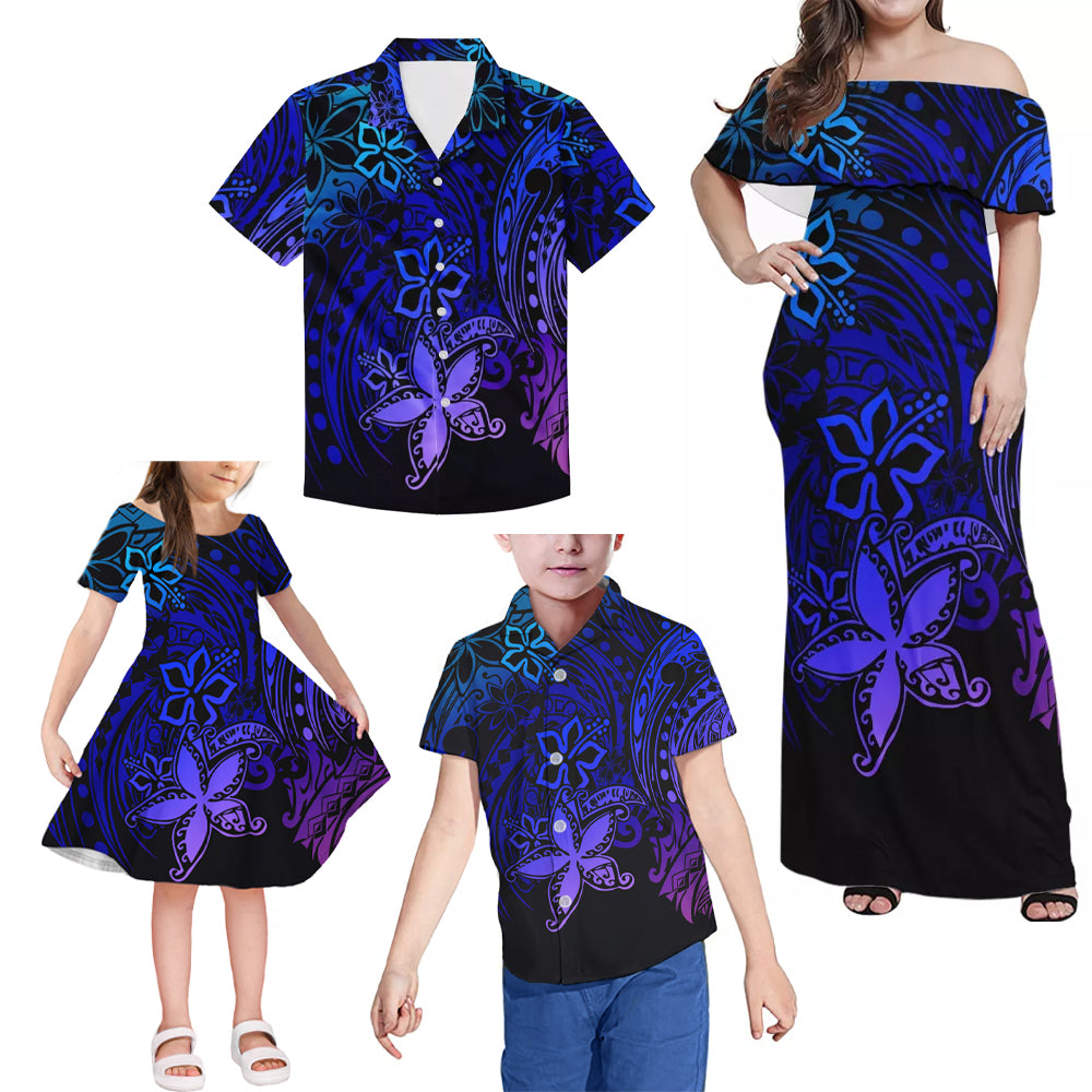 Blue Polynesian Tribal Flowers Pattern Matching Family Outfits Combo Dress and Hawaiian Shirt For Family Members