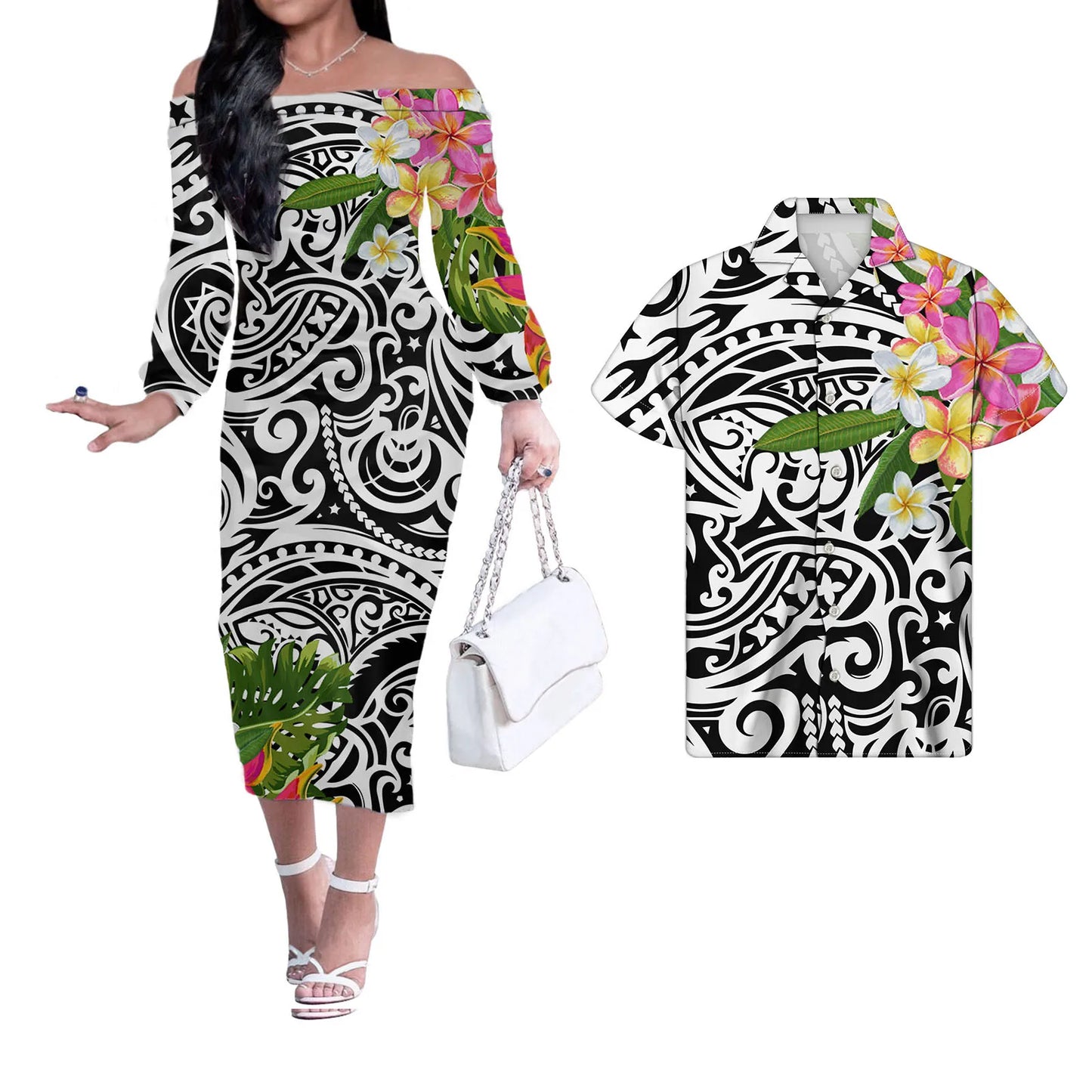 Polynesian Tribal Plumeria Couples Matching Outfits Men Shirts and Birthday Dress Off Shoulder Long Dresses for Women