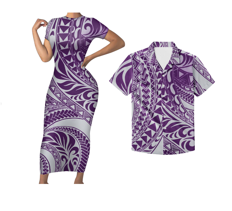Polynesian Hawaii Matching Outfit For Couples Polynesian Tribal Purple Short Sleeve Body Long Dress And Hawaii Shirt