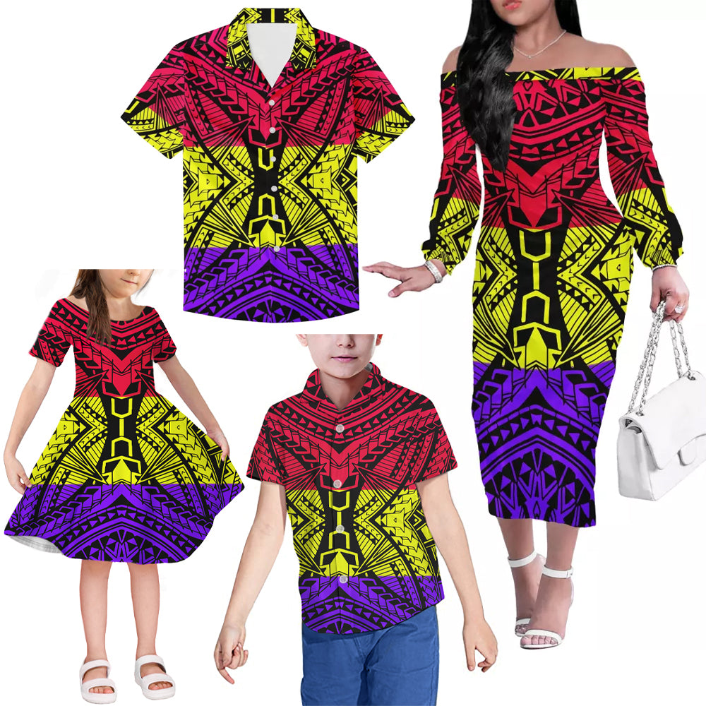 Polynesian Tribal Pattern Colorful Matching Outfit For Family Island Dress Hawaiian Shirt For Her Him Family Members