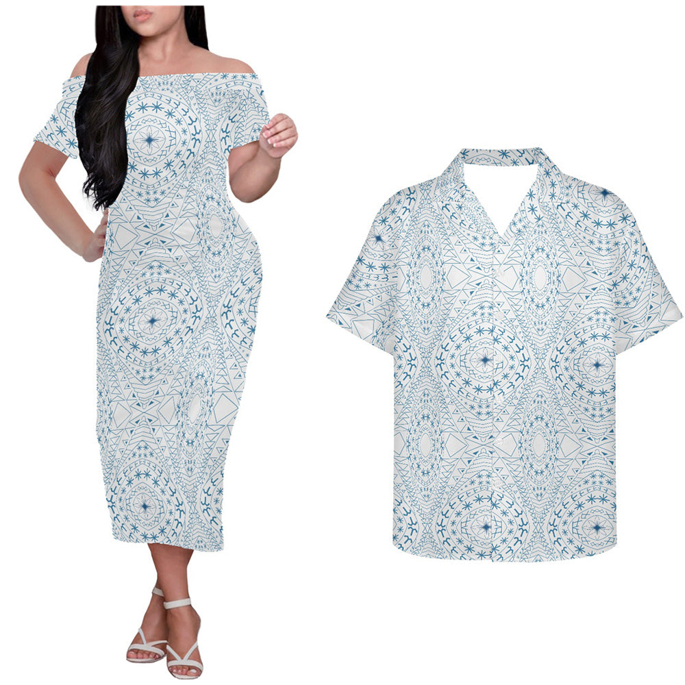 Polynesian Tribal Pattern Tropical Couple Outfits Island Style Hung Short Sleeved Dress And Hawaiian Shirt Couple Set