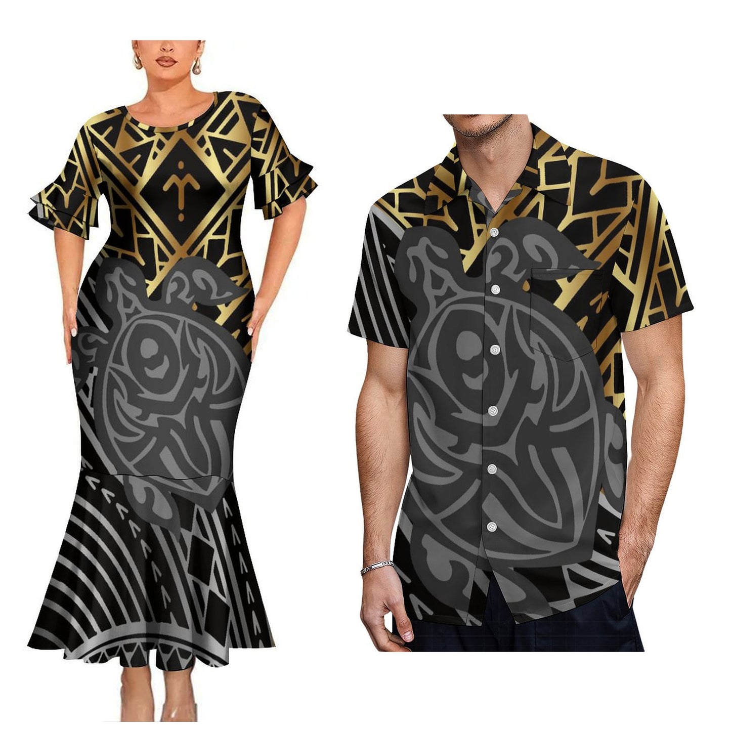 Turtle Polynesian Printed Pattern Couple Outfit Polynesian Women's Short-Sleeved Dress Party Hawaiian Shirt For Men