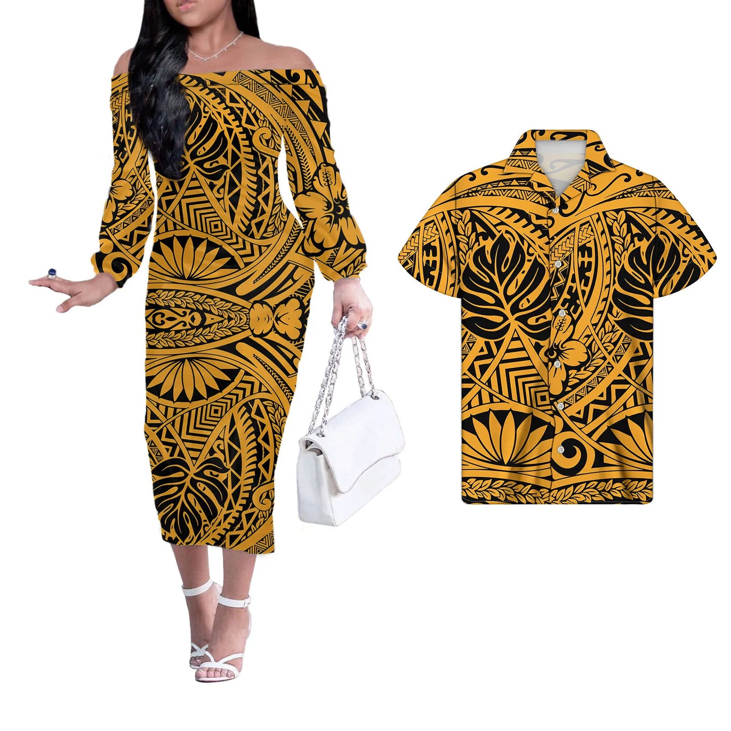Polynesian Tribal Pattern And Flower Matching Outfit For Couples Men Shirts and Yellow Dress Off Shoulder Long Dresses for Women