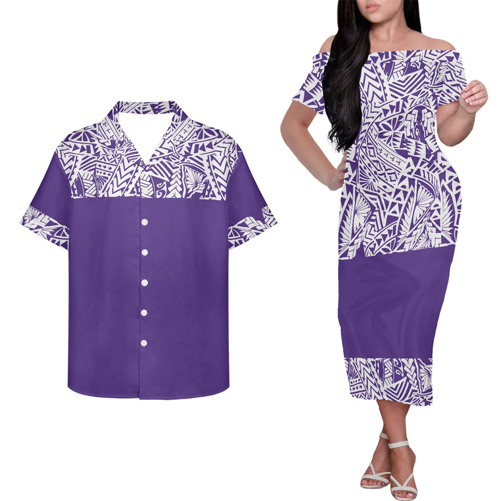 Polynesian Tribal Tropical Pattern Purple Couple Matching Outfits Island Hung Short Sleeved Dress And Hawaiian Shirt Couple Set