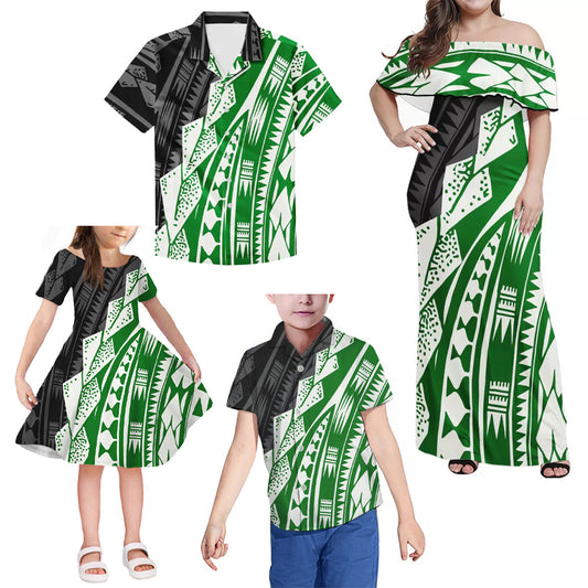 Green Polynesian Tribal Pattern Matching Family Outfits Combo Dress and Hawaiian Shirt For Family Members