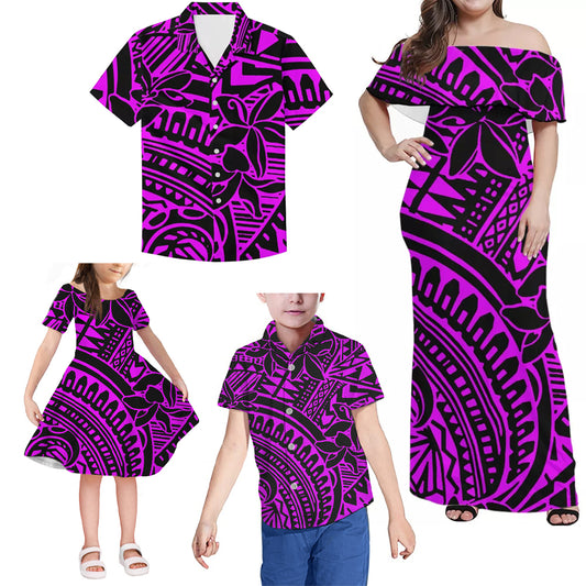 Polynesian Tribal Pattern Matching Family Outfits Combo Purple Dress and Hawaiian Shirt For Family Members