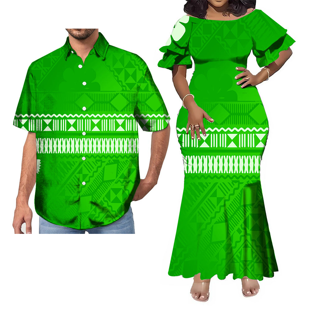 Polynesian Tribal Pattern Green Fishtail Skirt Dress And Hawaii Shirt Couple Set