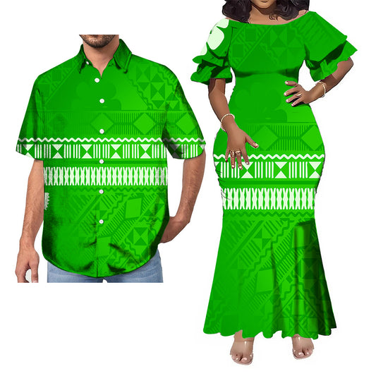 Polynesian Tribal Pattern Green Fishtail Skirt Dress And Hawaii Shirt Couple Set