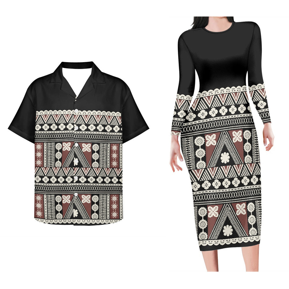 Polynesian Tribal Pattern Black Matching Outfit For Couple Bodycon Dress And Hawaii Shirt Island Outfit Set For Her Him