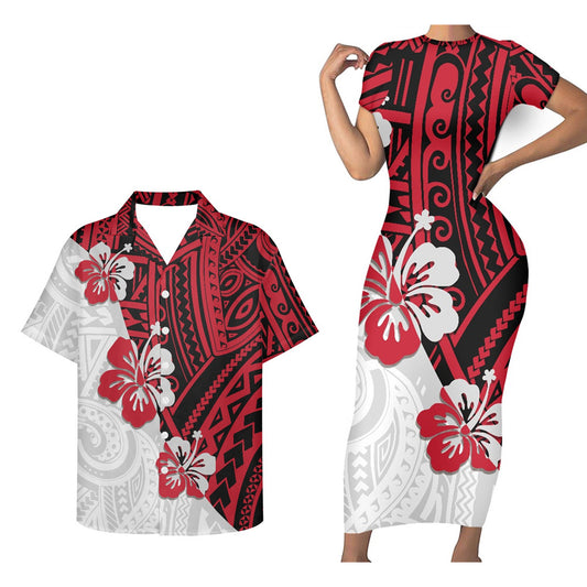 Polynesian Tribal Island Hibiscus Pattern Matching Outfit For Couple Polynesian Tight Short Sleeve Dress And Hawaiian Shirt Couple Set