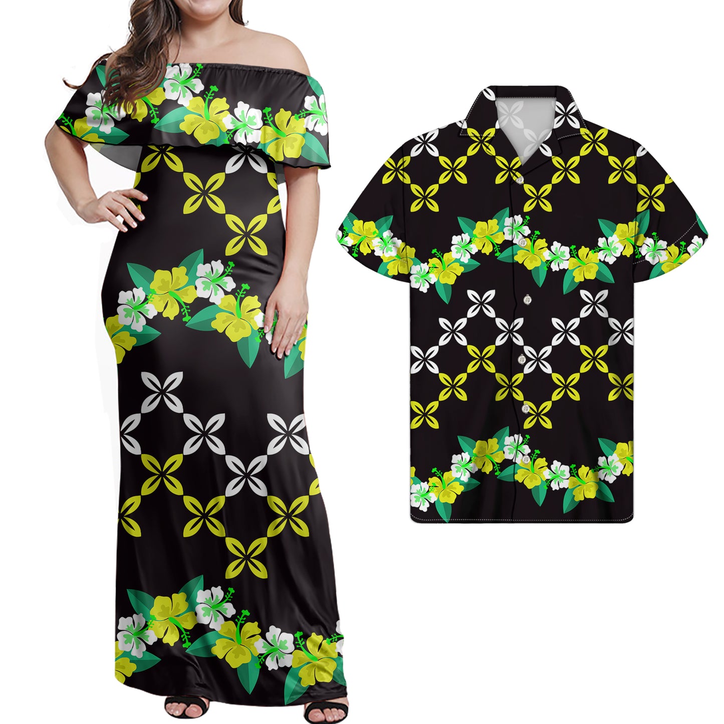 Polynesian Flowers Tropical Pattern Combo Dress and Hawaiian Shirt Matching Couples Outfit For Him Her