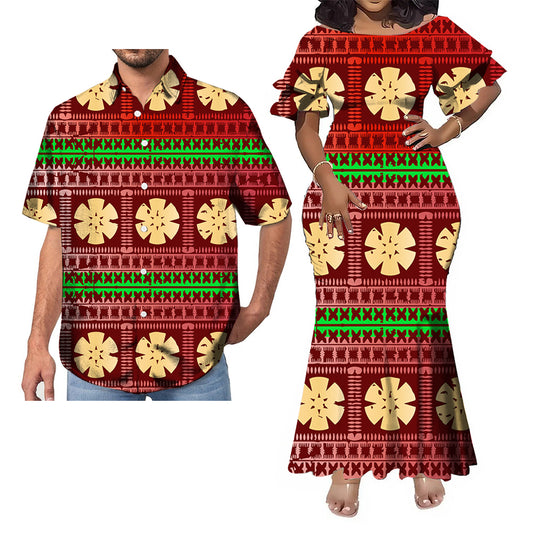 Polynesian Tribal Geometric Pattern Red Party Fishtail Skirt Dress And Shirt Matching Couple Outfit
