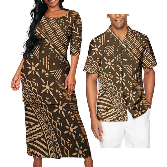 Polynesian Tribal Pattern Printed Brown Clothing Set Samoan Polynesian Tribal Matching Couple Outfit For Him Her Curve Style