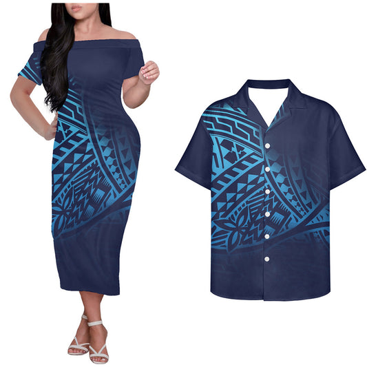 Polynesian Samoan Island Tribal Pattern Blue Couple Outfits Tropical Style Hung Short Sleeved Dress And Hawaiian Shirt Couple Set