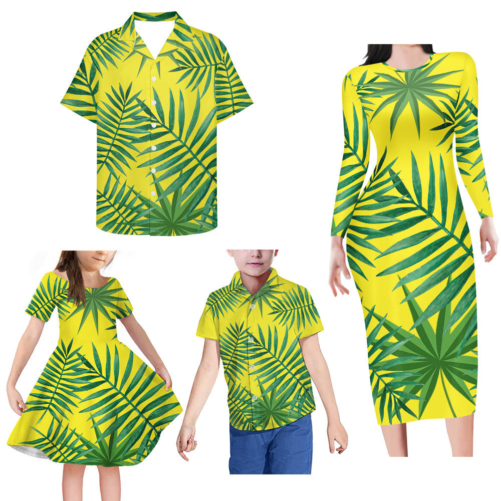 Tropical Leaf Pattern Matching Family Outfits Island Yellow Bodycon Long Sleeve Dress And Shirt Family Members