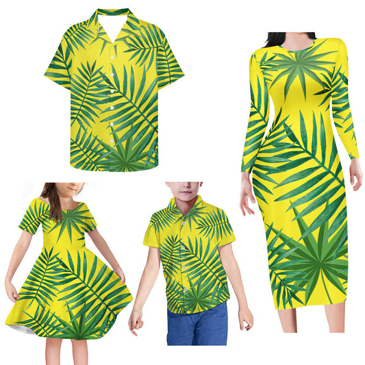 Tropical Leaf Pattern Matching Family Outfits Island Yellow Bodycon Long Sleeve Dress And Shirt Family Members