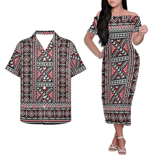 Polynesian Island Tribal Pattern Couple Outfits Island Hung Short Sleeved Dress And Hawaiian Shirt Party Outfit Set