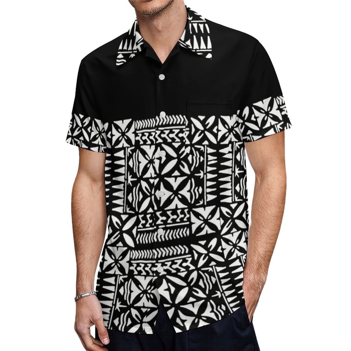 Samoa Tribal Geometric Pattern Polynesian Tribal Hawaiian Shirt Summer Island Half Style Black Short Sleeve Shirt For Him