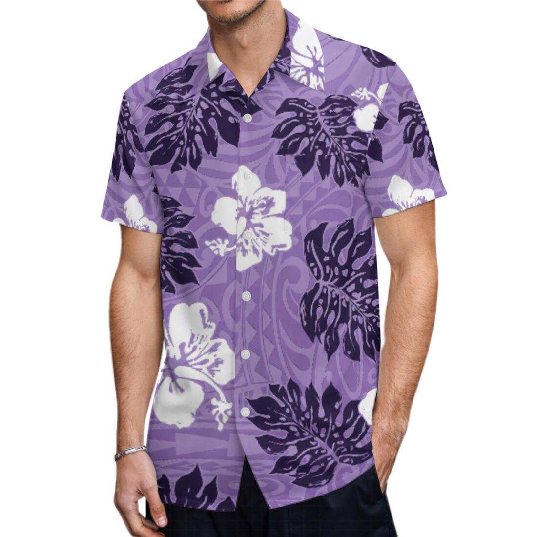 Polynesian Samoa Tribal Hibiscus Flowers Pattern Printed Short Sleeve Shirt Polynesian Summer Purple Hawaiian Shirt