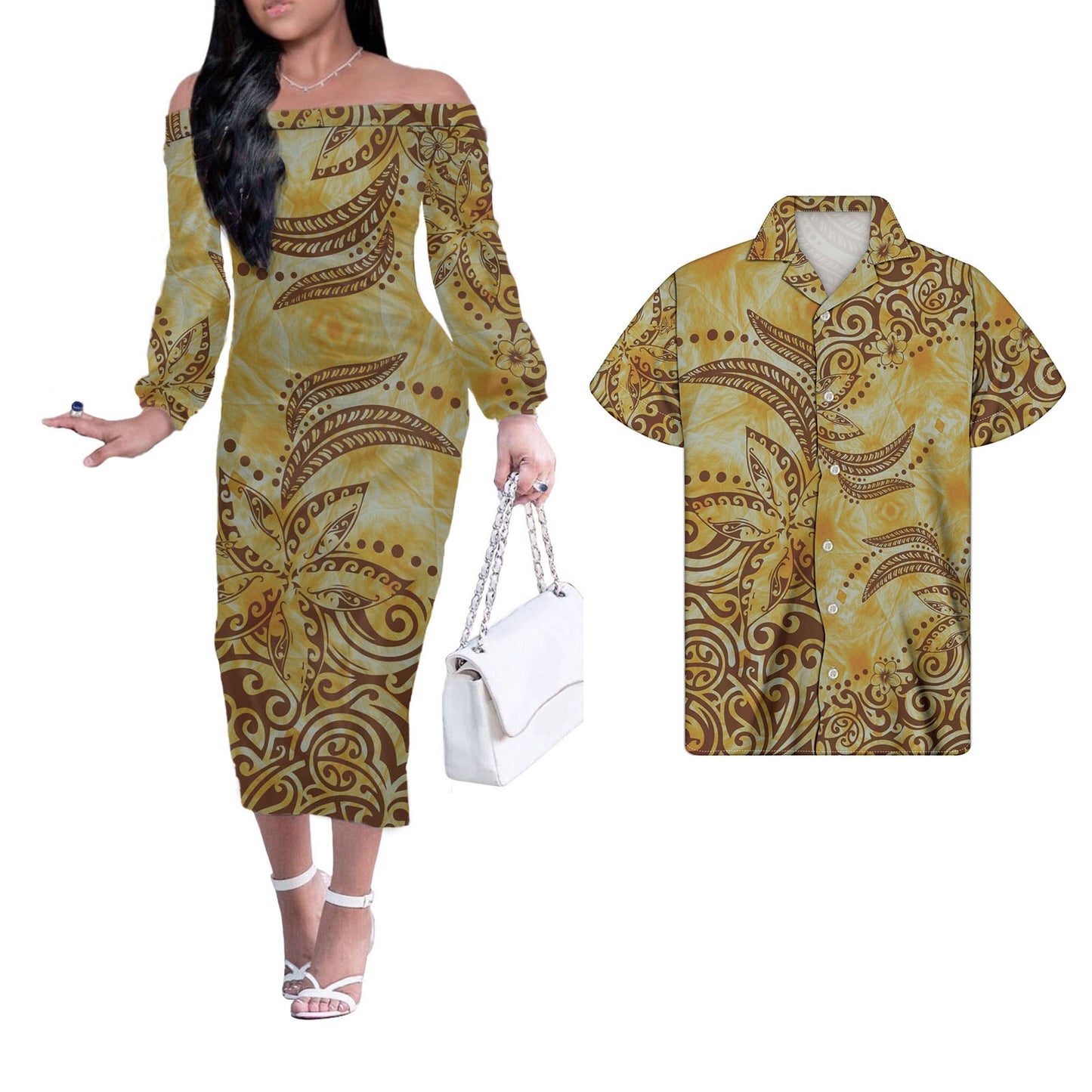 Polynesian Tribal Flowers Tropical Pattern Vintage Couple Matching Outfits Men Shirts and Dress Off Shoulder Long Dresses for Women