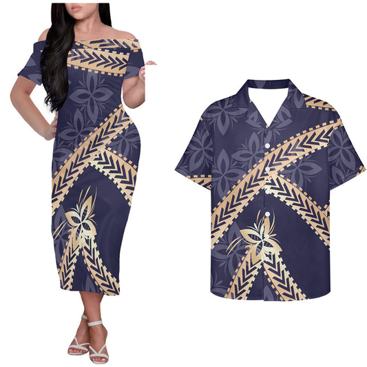 Polynesian Island Tribal Flowers Pattern Purple Couple Outfits Tropical Style Hung Short Sleeved Dress And Hawaiian Shirt Couple Set