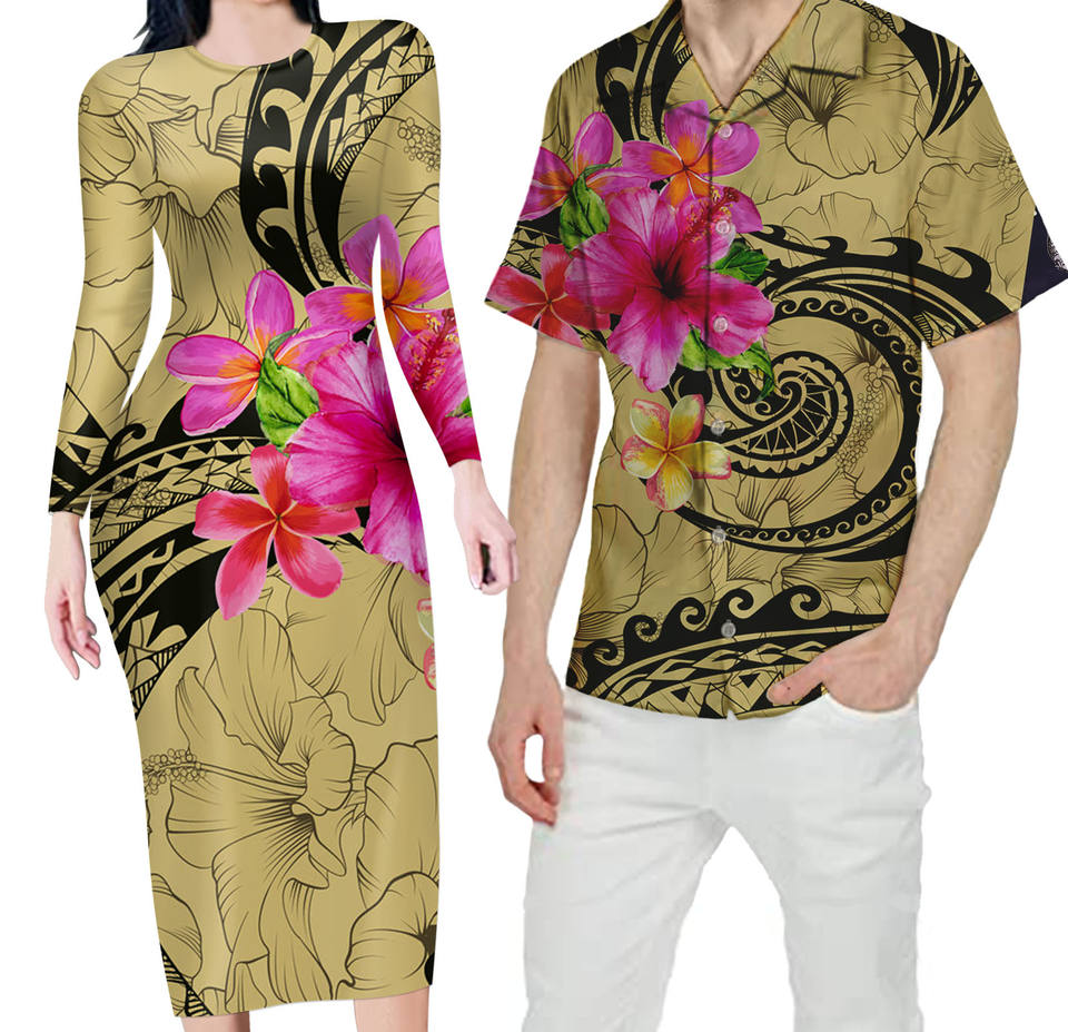 Matching Outfit For Couples Hawaii Tropical Flowers Polynesian Tribal Wave Bodycon Dress And Hawaii Shirt