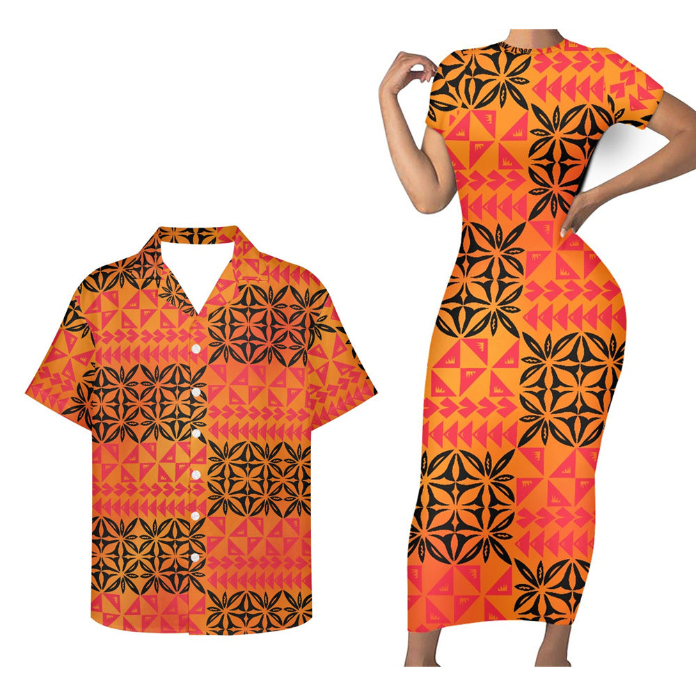 Polynesian Tribal Island Orange Matching Outfit For Couple Polynesian Tight Short Sleeve Dress And Hawaiian Shirt Couple Set