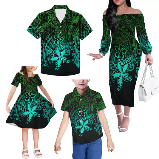 Green Polynesian Tribal Flowers Pattern Matching Outfit For Family Island Dress Hawaiian Shirt For Her Him Family Members
