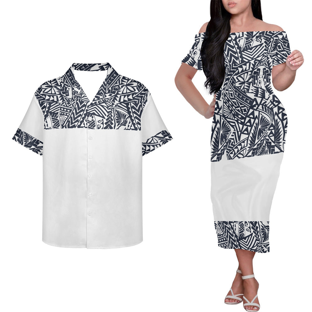 Polynesian Tribal Tropical Pattern White Couple Matching Outfits Island Hung Short Sleeved Dress And Hawaiian Shirt Couple Set