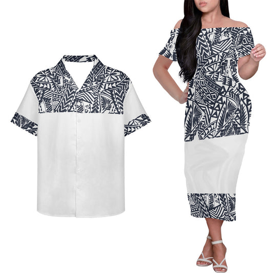 Polynesian Tribal Tropical Pattern White Couple Matching Outfits Island Hung Short Sleeved Dress And Hawaiian Shirt Couple Set