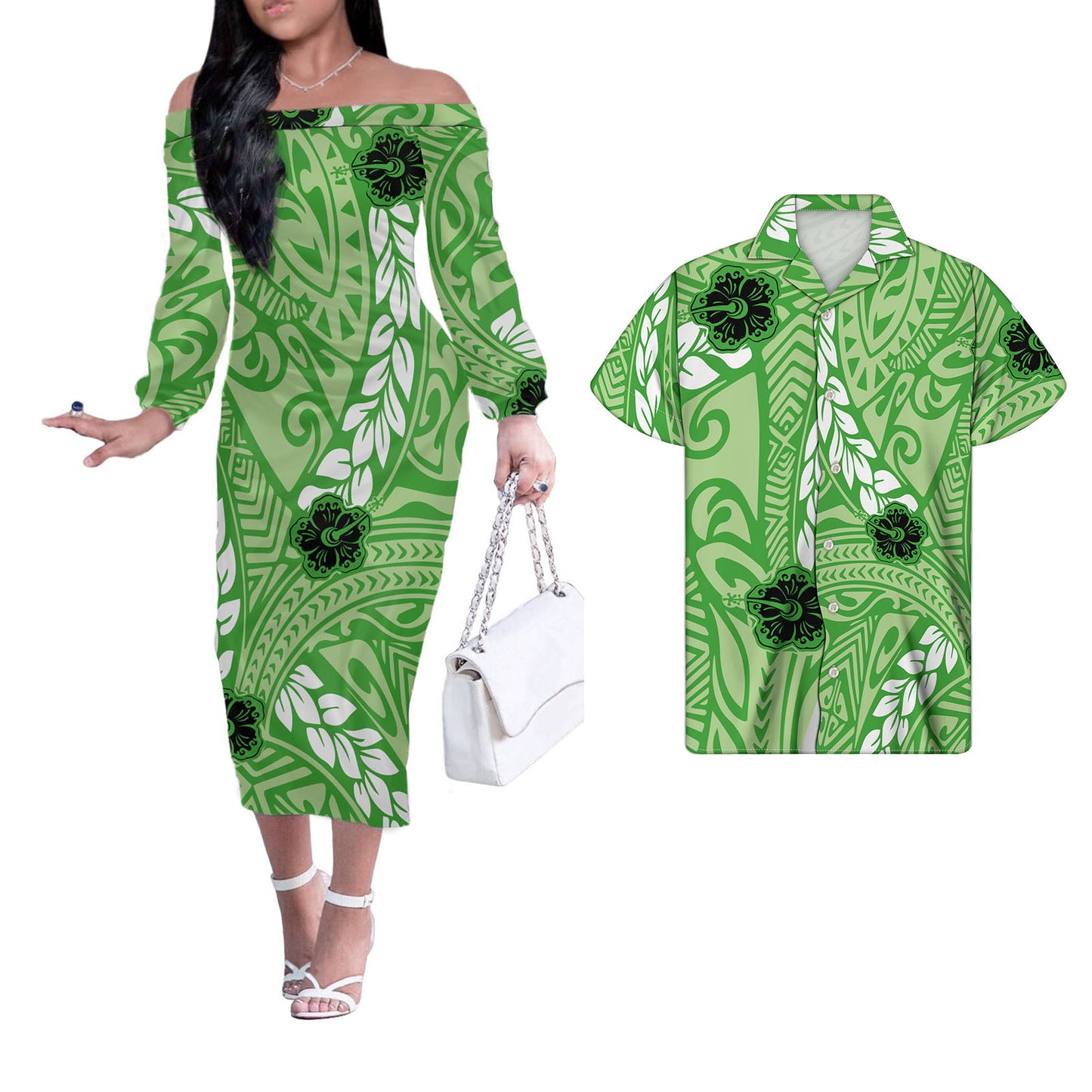 Polynesian Tribal Tropical Flowers Tropical Pattern Green Couple Matching Outfits Men Shirts and Dress Off Shoulder Long Dresses for Women