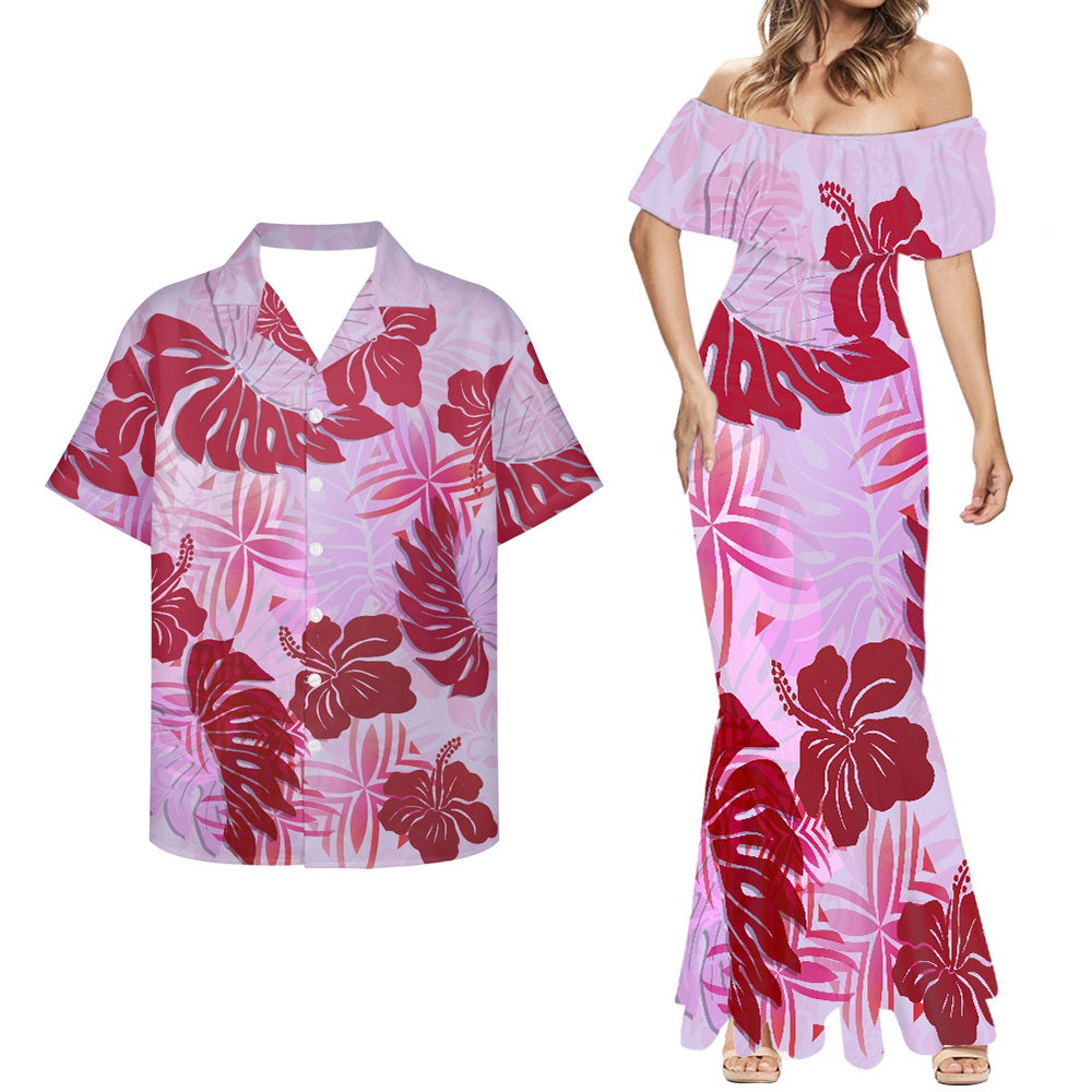 Polynesian Tropical Pattern Pink Combo Mermaid Dress and Hawaiian Shirt Matching Couples Outfit