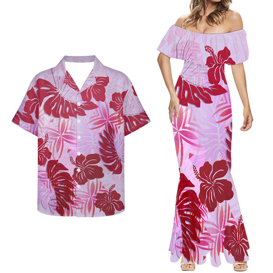 Polynesian Tropical Pattern Pink Combo Mermaid Dress and Hawaiian Shirt Matching Couples Outfit