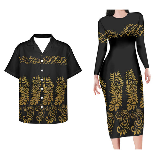 Polynesian Tribal Pattern Black Matching Outfit For Couple  Bodycon Dress And Hawaii Shirt Island Outfit Set For Her Him