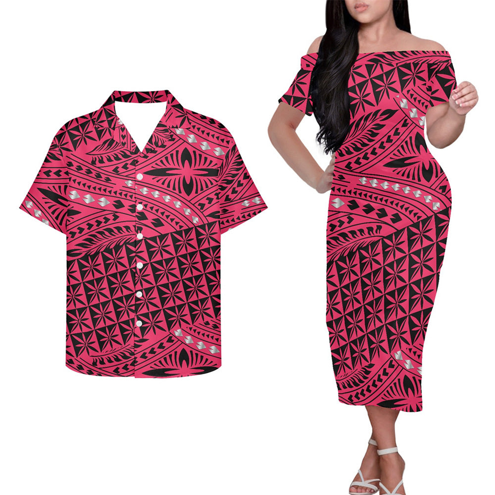 Polynesian Tribal Clothing Couple Outfits Pacific Island Tropical Patterns Pink Hung Short Sleeved Dress And Hawaiian Shirt