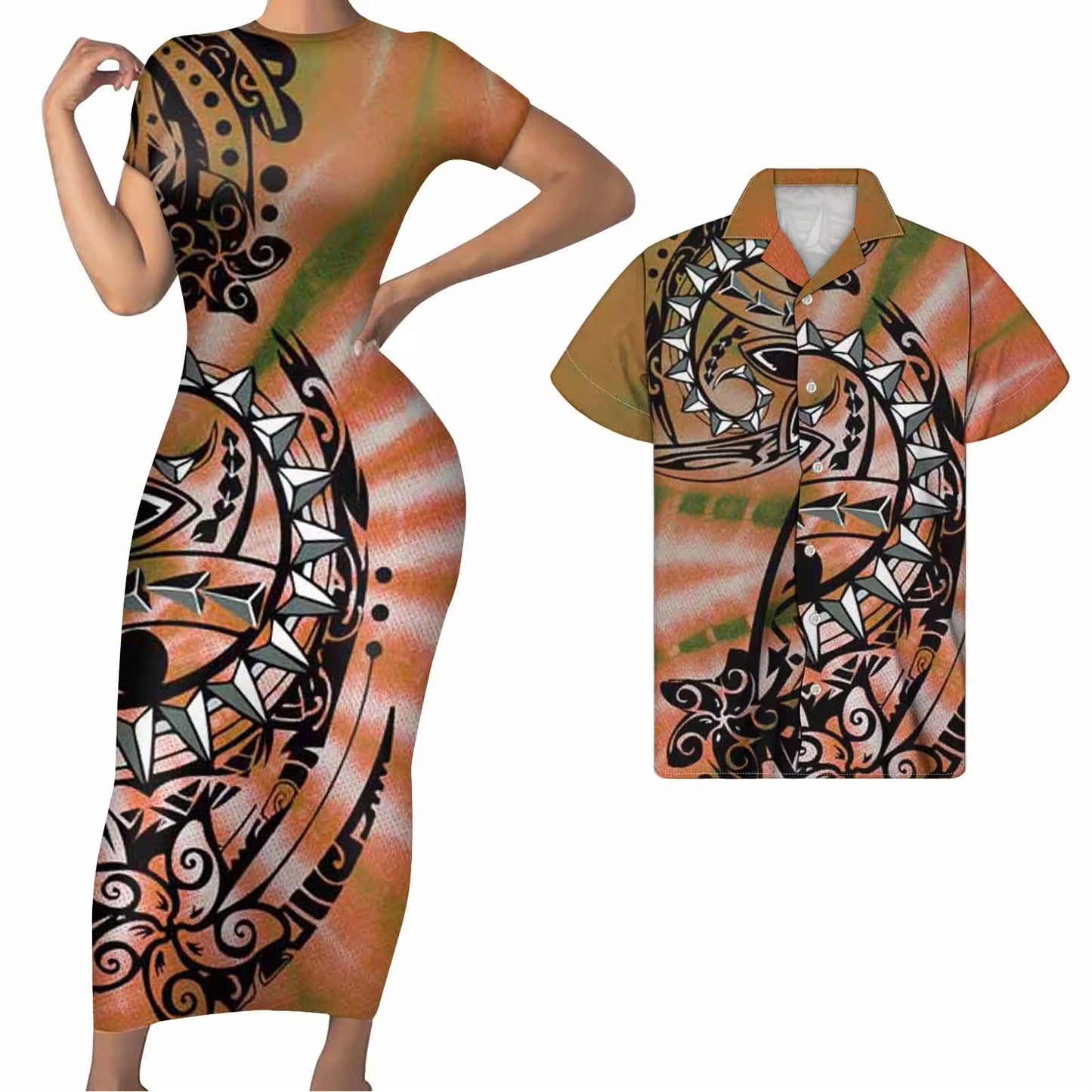 Polynesian Matching Clothes For Couples Polynesian Tribal Curve Flowers Pattern Vintage Bodycon Dress And Hawaii Shirt