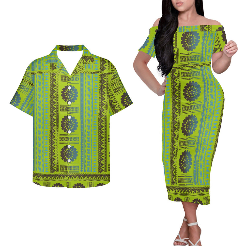 Polynesian Tribal Clothing Couple Outfits Pacific Island Geometric Patterns Green Hung Short Sleeved Dress And Hawaiian Shirt